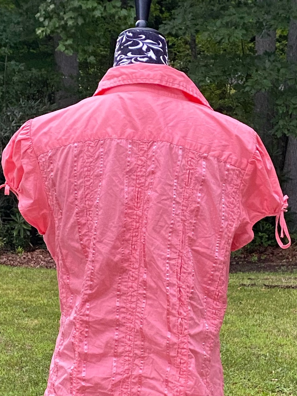 Studio 1940 Coral Pink Ribbon Trim Short-Sleeve Button Up Shirt Size Large - Picture 8 of 16